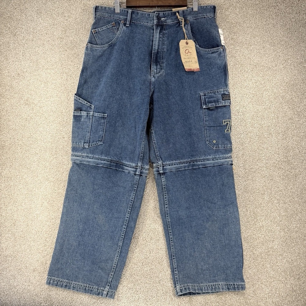 Vtg Y2K APCO Cargo Zip Off Knee Jeans 38x30 Skater Short Grunge Patch Distressed